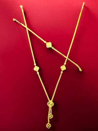 14 Ayar Altın Balıksırtı Yonca Kolye ve Bileklik Set - 3