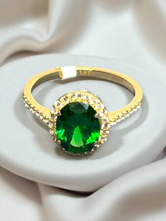 14 Ayar Altın Yeşil Taşlı Yüzük - 