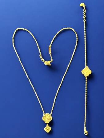 14 Ayar Altın Yonca Kolye ve Bileklik Set - 