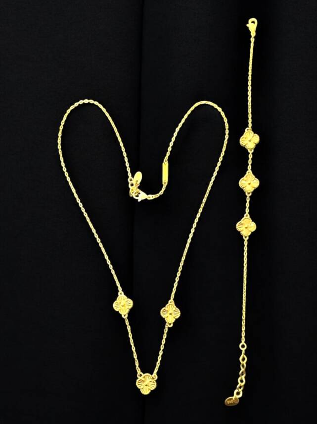 14 Ayar Altın Yonca Kolye ve Bileklik Set - 3