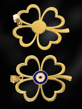 14 Ayar Nazar Boncuğu Figürlü Yonca Kolye Ucu - 