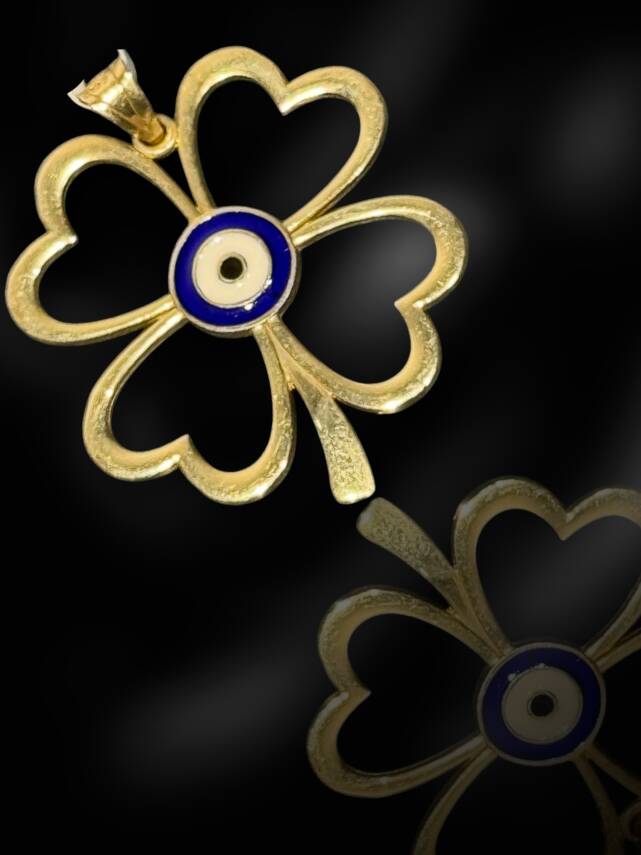 14 Ayar Nazar Boncuğu Figürlü Yonca Kolye Ucu - 3