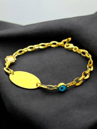 14 Ayar Nazar Boncuklu ve Yoncalı Altın Çocuk Künyesi - 