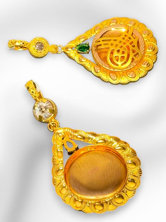 14 Ayar Yeşil Taşlı Damla Tuğra Kolye Ucu - 3