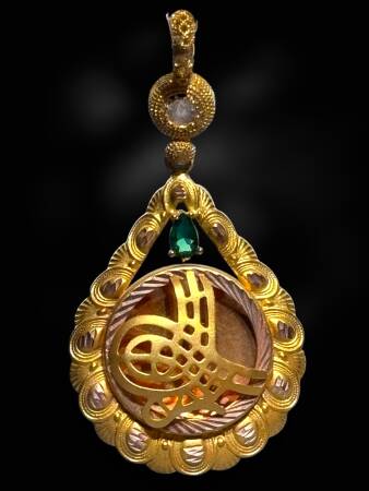 14 Ayar Yeşil Taşlı Damla Tuğra Kolye Ucu - 2