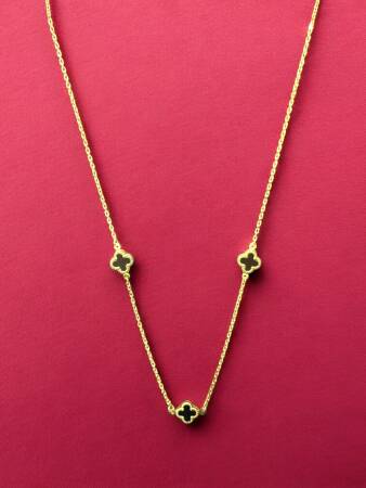 Altın Yonca Model Siyah Renk Kolye - 