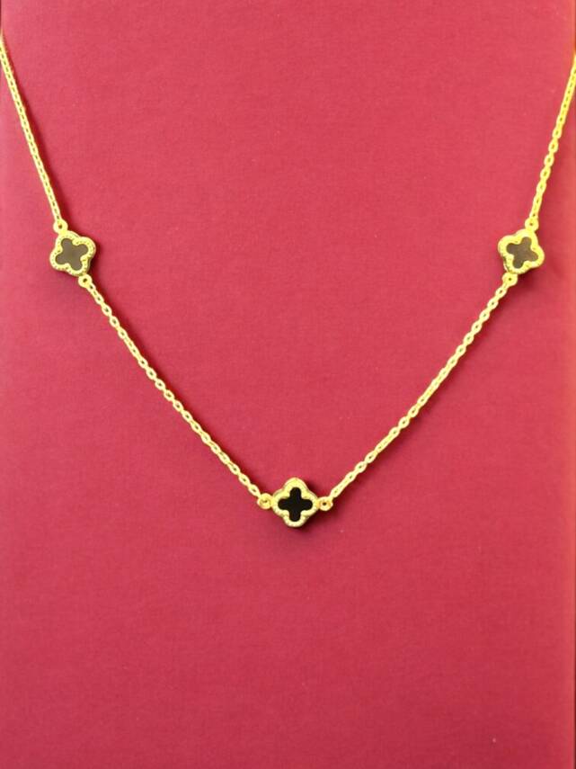 Altın Yonca Model Siyah Renk Kolye - 5