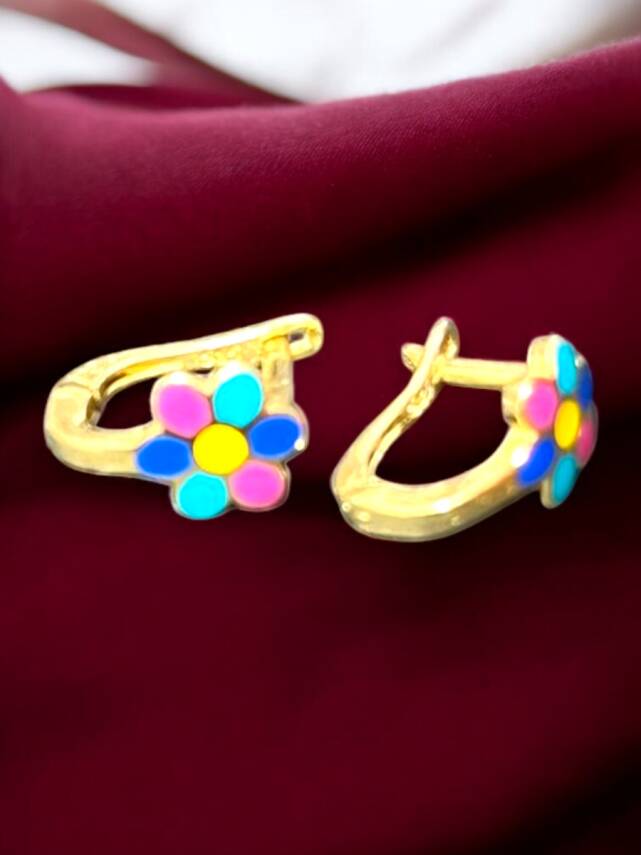 Renkli Çiçek Model Altın Çocuk Küpe - 3