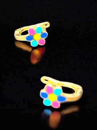 Renkli Çiçek Model Altın Çocuk Küpe - 5