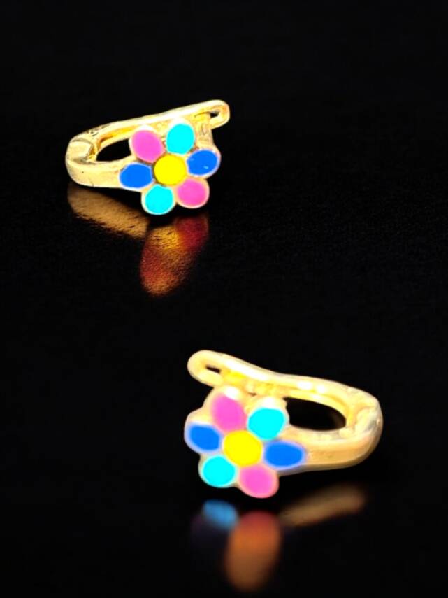 Renkli Çiçek Model Altın Çocuk Küpe - 5