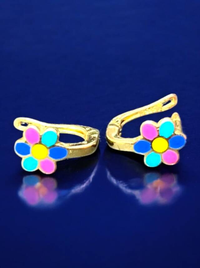 Renkli Çiçek Model Altın Çocuk Küpe - 1