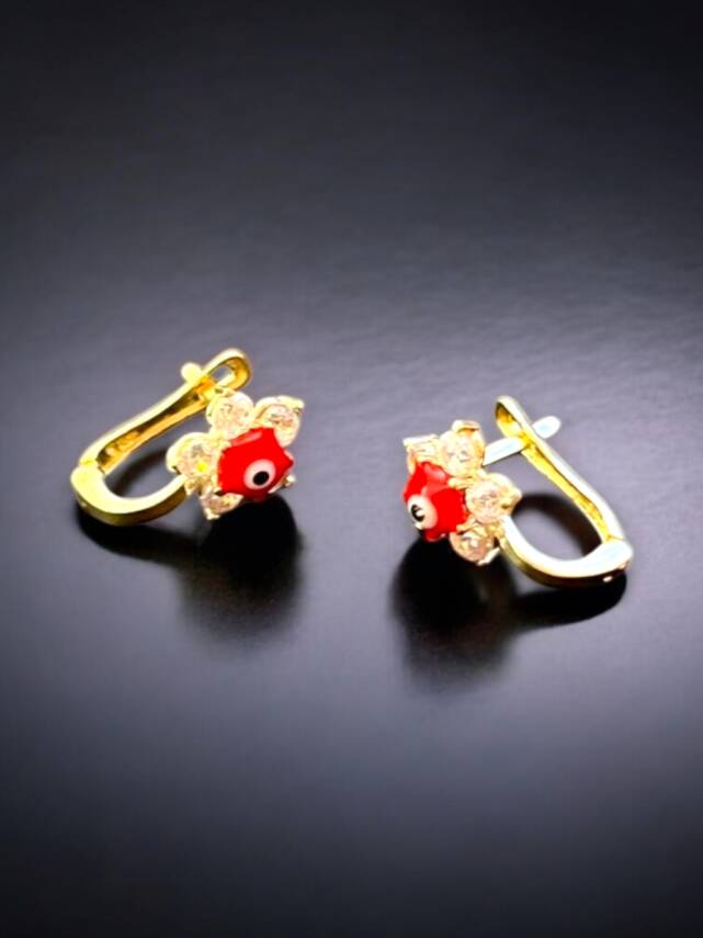 Taşlı Çiçek Model Altın Çocuk Küpe - 5