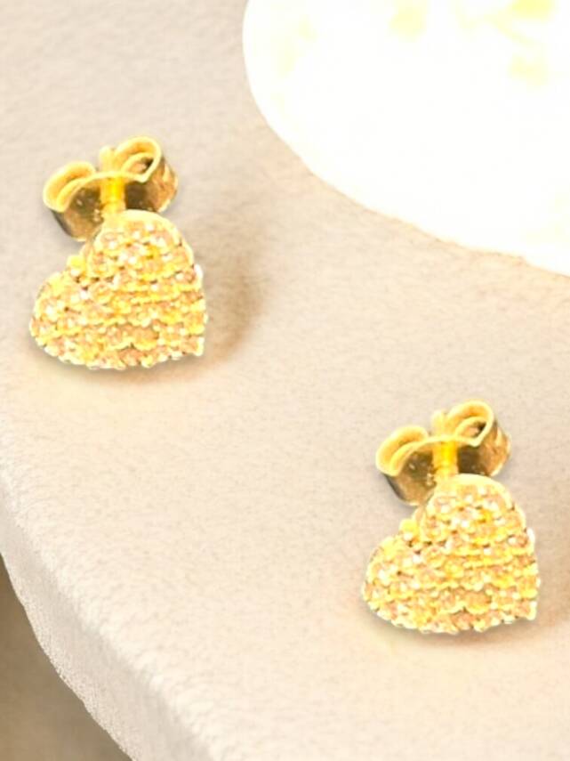 Taşlı Kalp Model Altın Top Küpe - 2